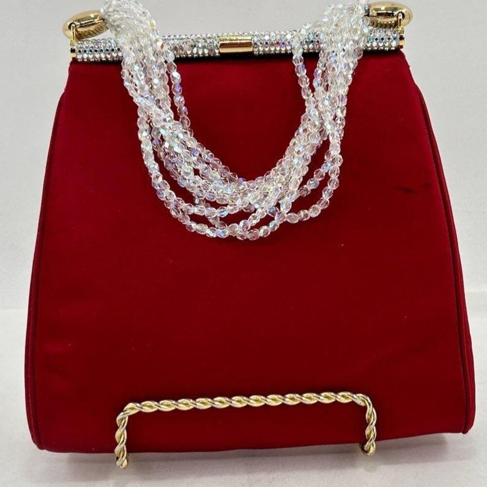 Judith Leiber Vintage Red Satin Evening Bag w/ Crystal Beaded Handle